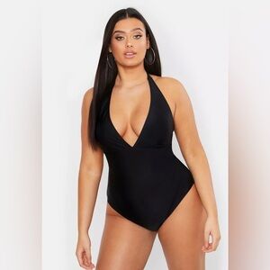 Boohoo Plus NWT Control Halterneck Swimsuit Black Size 16